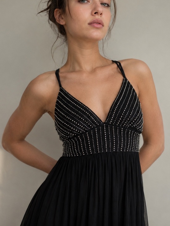 Zara Dresses & Skirts - Zara Black Beaded Mini Dress Flowy Crepe Skirt V-Neck Size Small